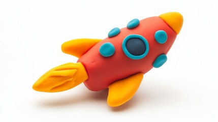 Play dough rocket on a white background, resembling a handmade clay icon. 