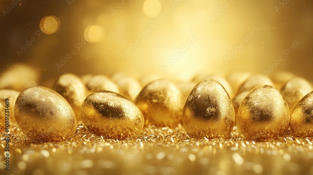 Poster glittering golden eggs on shimmering surface with bokeh lights creating a festive and luxurious atmo