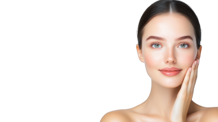 A woman with a radiant smile showcasing skincare benefits. Transparent background.