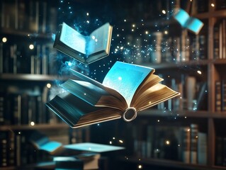 Floating Books and Glowing Scrolls in a Virtual Library Themed Workspace with Knowledge at Fingertips