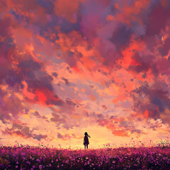 Fototapeta premium Serene Moment in Nature: A Silhouette Against a Vibrant Sunset Sky with Colorful Clouds and Blooming Flowers in the Foreground