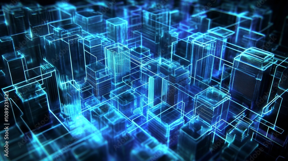 Poster futuristic 3d rendering of a vibrant city with unique tall buildings connected in a network pattern,