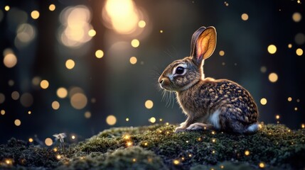 Enchanting Forest Scene with a Rabbit Sitting Gracefully on Moss Surrounded by Glowing Bokeh Lights During a Magical Twilight Moment