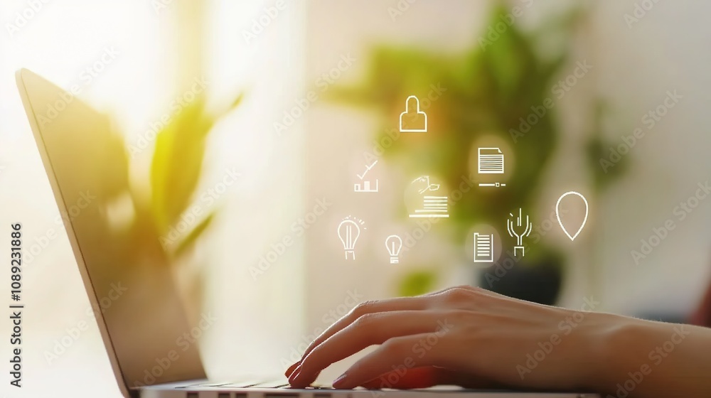 Poster modern digital interaction showcasing a hand on a laptop keyboard with illuminated icons representin