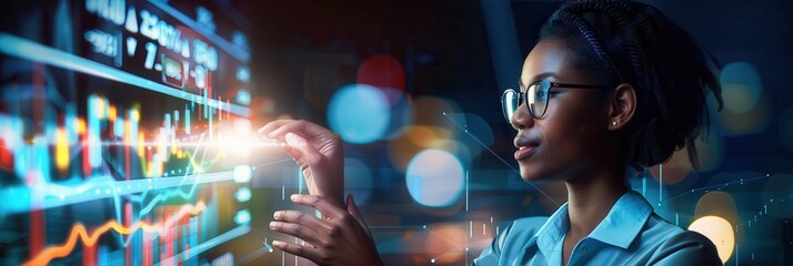 A focused professional examines interactive digital financial graphs, symbolizing data analysis, technology, and innovation in a futuristic workspace.