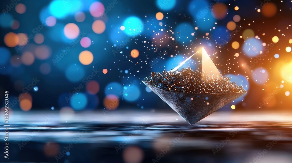 Poster mesmerizing glowing crystal form rising up from the tranquil reflective waters creating a captivatin
