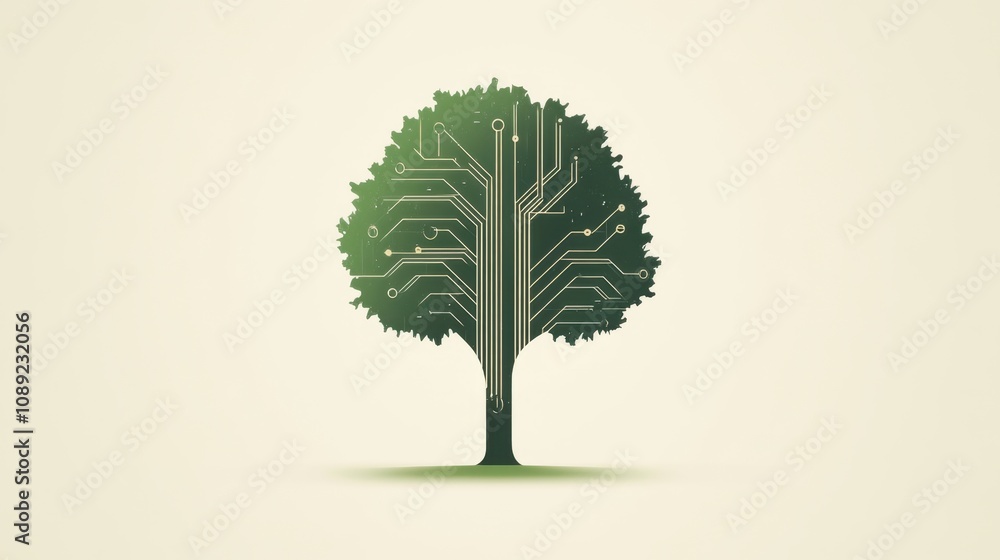 Poster creative concept of a tree with circuit patterns symbolizing the fusion of nature and technology in 