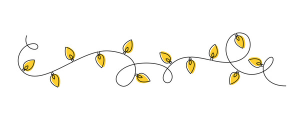 Hand drawn continuous one line icon Christmas garland with light bulbs. Glowing festoon border light single line vector illustration in doodle style for celebration, festival, carnival, xmas, new year