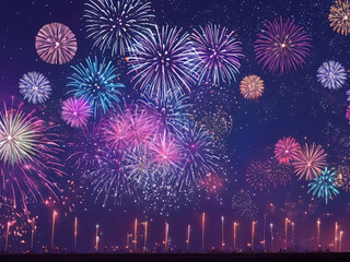 Fototapeta premium The night sky is filled with neon fireworks in unique shapes such as stars, hearts, or digital patterns.