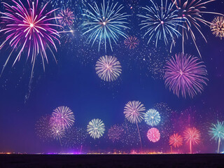 Obraz premium The night sky is filled with neon fireworks in unique shapes such as stars, hearts, or digital patterns.