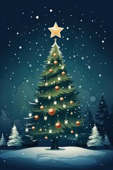 Obraz premium vector art of Christmas tree standing in the snow with ornaments and stars christmas festival