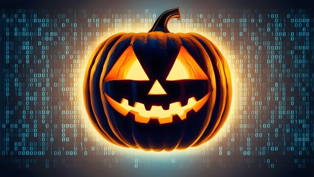 A carved jack-o'-lantern glows against a backdrop of binary code.