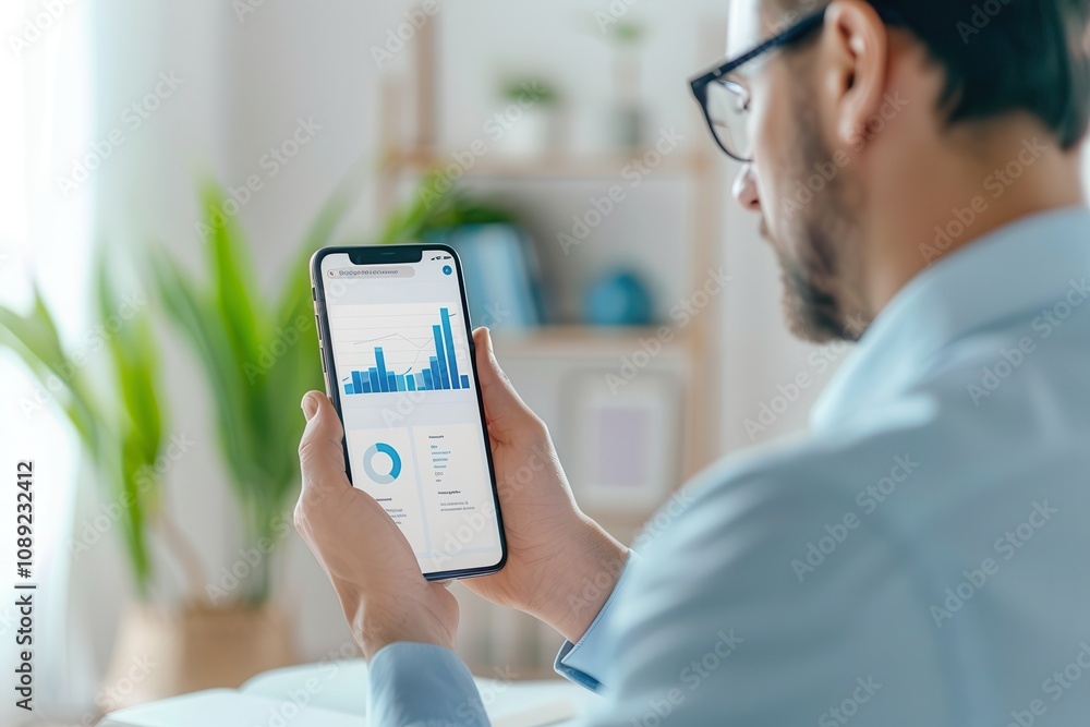 Poster a businessman reviewing charts and graphs on a smartphone, showcasing mobile data analysis and busin