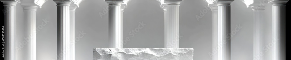Poster a minimalist architectural scene featuring white columns and a stone pedestal.