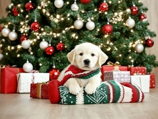 Golden retriever puppy in front of a Christmas tree joyful expression