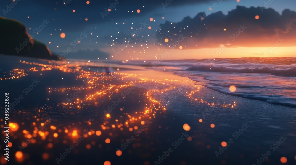 Poster serene beach at dusk with glowing ember lights reflecting on gentle waves and sublime coastal clouds