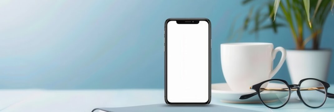 Minimalist workspace setup featuring a smartphone with a blank screen, glasses, a notebook, and a coffee cup on a clean desk.