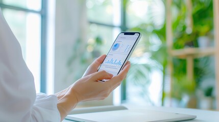 Woman analyzing financial data on smartphone screen in a bright office with natural light and green plants