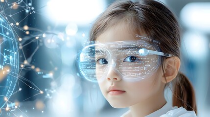 The image portrays a young girl with a curious expression, surrounded by holographic displays projecting intricate codes and algorithms