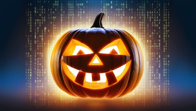 Spooky glowing jack-o'-lantern against a backdrop of binary code.
