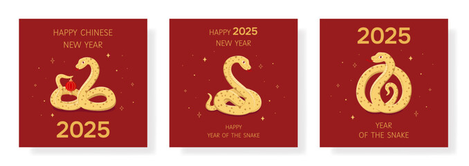 New Year 2025 cards set in red and gold colors with snake. Chinese zodiac Snake symbol of the year. Lunar New Year concept. Template of cover,card,poster,flyer, banner