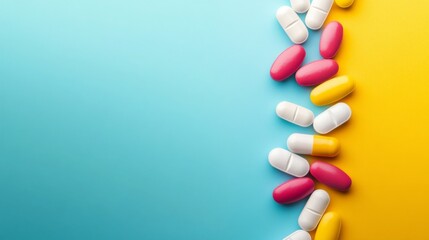 Colorful Pills Scattered on Blue and Yellow Gradient Background, Various Sizes and Colors - Bright and Vibrant Image