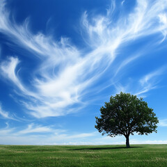 Obraz premium Serene Landscape with a Single Tree Under a Vast Blue Sky Featuring Wispy Clouds and Lush Green Grass on a Bright Day