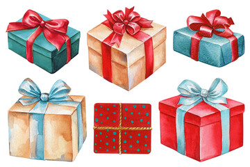 Gift box decoration isolated, Watercolor set present holiday illustration, Happy birthday greeting gift boxes surprise