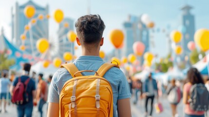 Back view of a young man wearing a yellow backpack at an outdoor festival filled with colorful balloons, people, and urban skyline views.