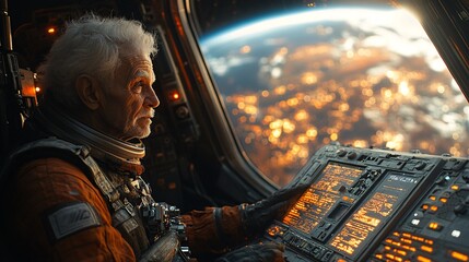 A old person back controls the system in the spacecraft. The spacecraft is the earth outside the spacecraft.