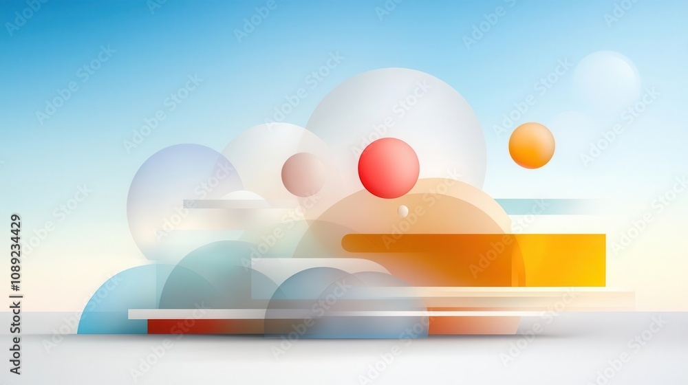 Poster surreal and dreamlike landscape composed of abstract geometric shapes and spheres in a pastel gradie