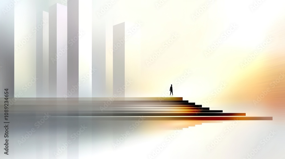 Poster surreal landscape with a solitary figure standing on steps, overlooking abstract cityscape under sof