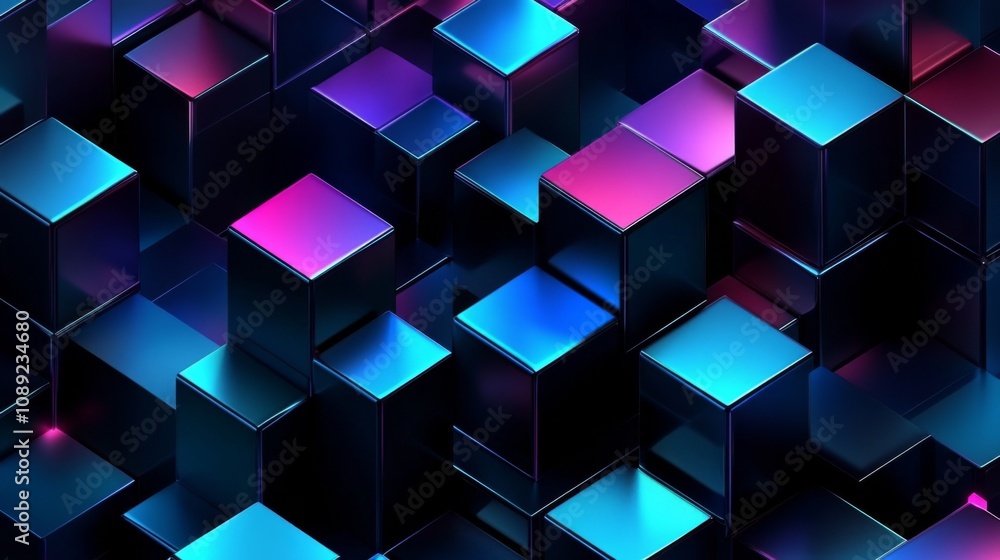Poster vibrant 3d cubes grid in futuristic abstract rendering with bright blue, pink, and purple colors cre