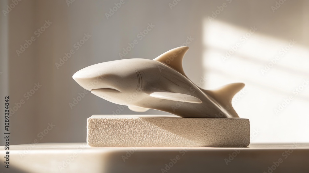 Poster a minimalist sculpture of a shark resting on a textured base, showcasing artistic design.
