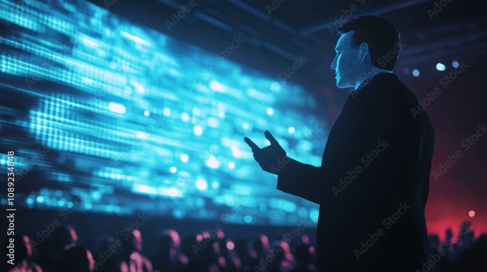 Poster engaging speaker in front of a large screen with dynamic visuals captivating an audience at a techno