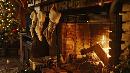 A cozy Christmas fireplace with stockings hung and a roaring fire. 