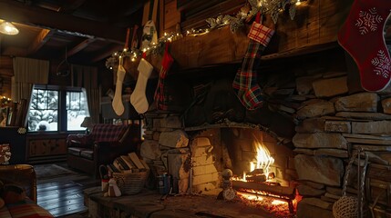 A cozy Christmas fireplace with stockings hung and a roaring fire. 