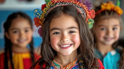 Fototapeta premium Portrait of three young girls in vibrant traditional clothing and accessories smiling with joy and excitement at an ethnic festival or The girls happy carefree expressions and colorful