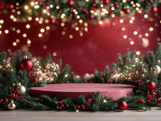 Chritmas theme decoration bokeh background stage for product display, showcase, presentation, post, banner. Generative ai.