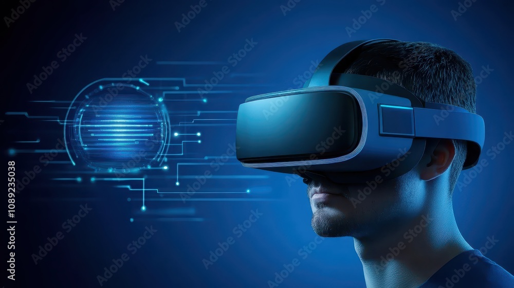 Poster man immersed in virtual reality, exploring digital world of innovation and interactive experiences