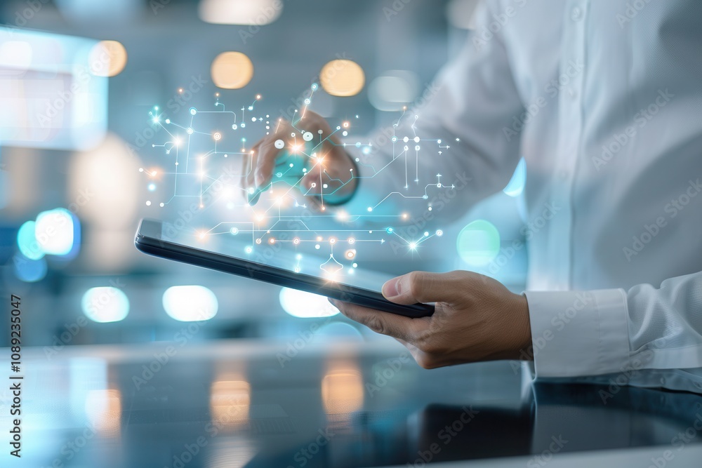 Poster close-up of a professional interacting with a tablet displaying holographic network graphics, symbol