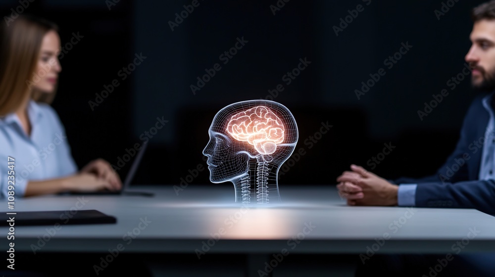 Poster conceptual representation of a brain hologram between two professionals discussing ideas in a modern