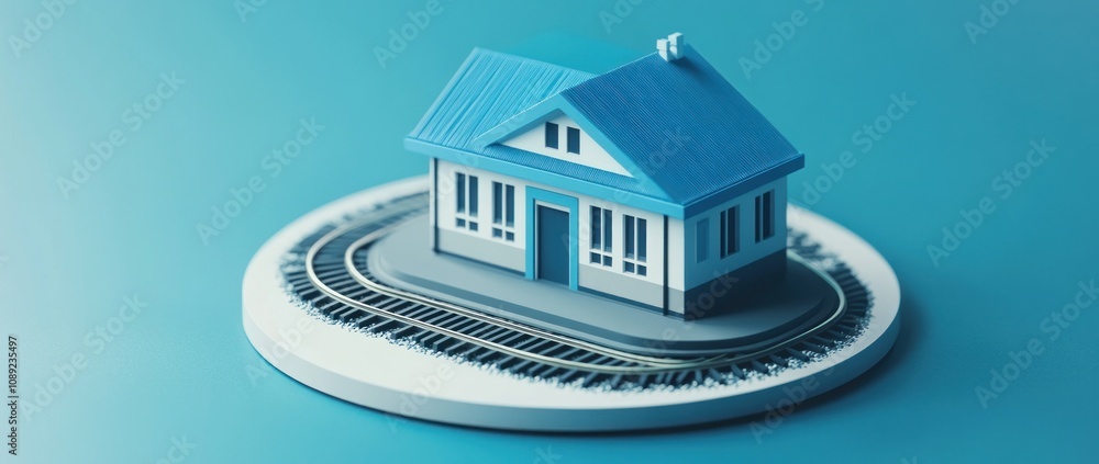 Poster A model house on a circular base with train tracks, symbolizing home and transportation.