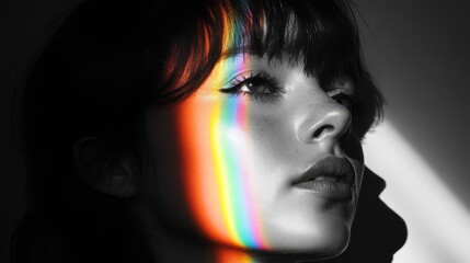 Woman's face lit by rainbow light.