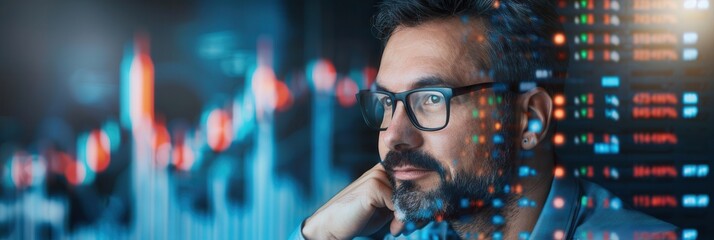 Close-up of a man wearing glasses observing financial data projections on a digital screen, showcasing modern analytics and technology