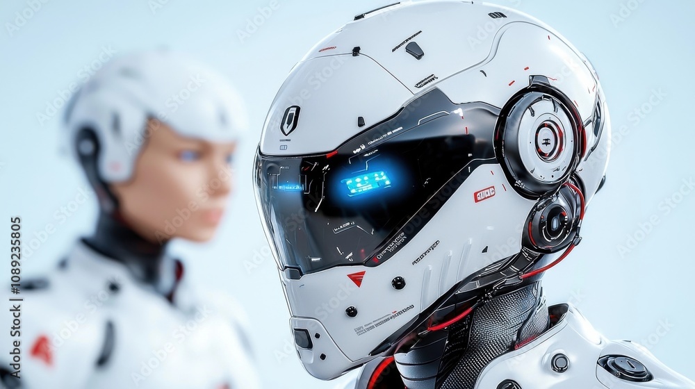 Poster futuristic cybernetic helmet with a glowing digital visor advanced technological features and a slee