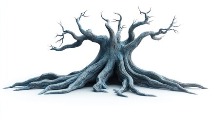 Dead tree with exposed roots, isolated on white.
