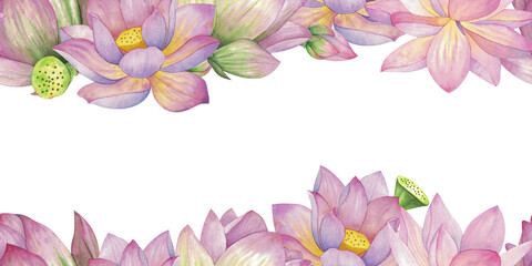 Naklejka premium Pink lotuses, buds and flowers. Seamless pattern, frame, banner. Watercolor illustration isolated on background. Blank For design, decor, websites and printing, textiles
