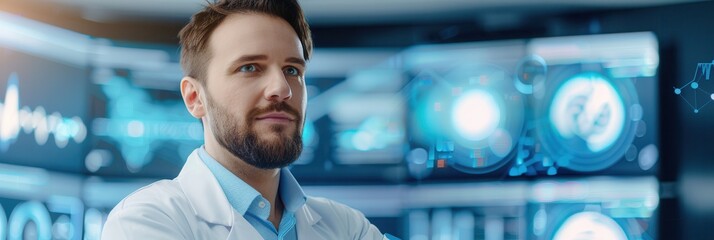 A scientist wearing a lab coat stands confidently in front of holographic digital screens, analyzing futuristic data visualizations