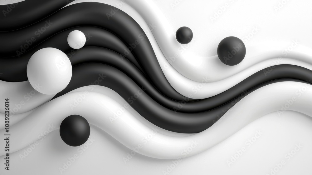 Aufkleber monochromatic abstract composition featuring a dynamic flowing design with organic spheres and curvi